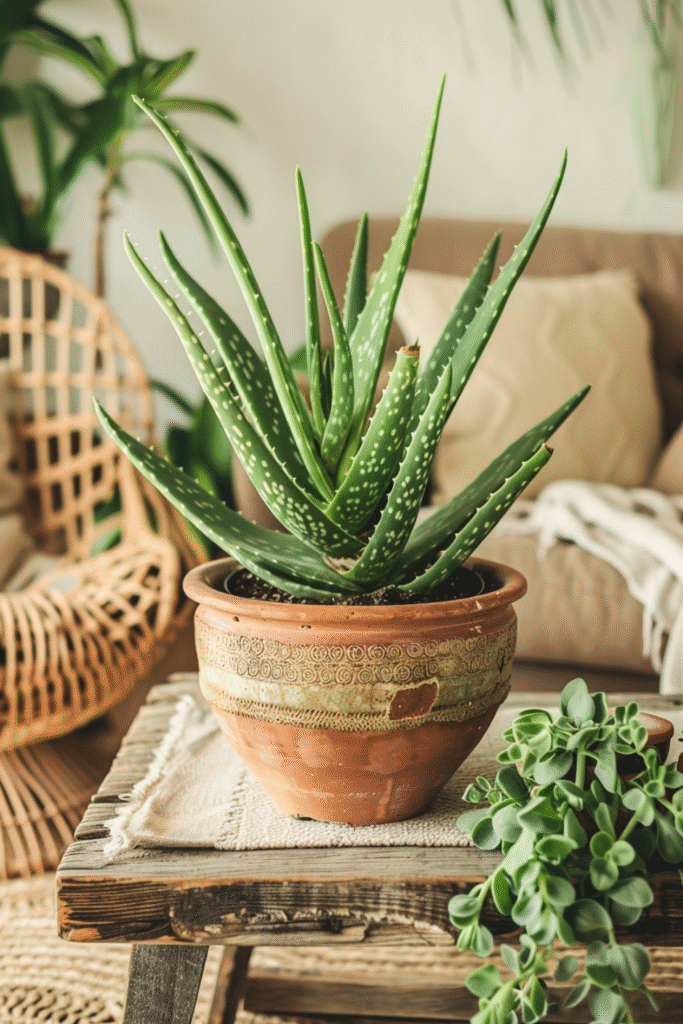 How to Grow Aloe Vera Plants Indoors: 9 Simple Tips 8 at Foliah A lush vibrant aloe vera plant in a handmade terracotta pot styled on a low wooden table in a sunlit boho living room 1 houseplants decor