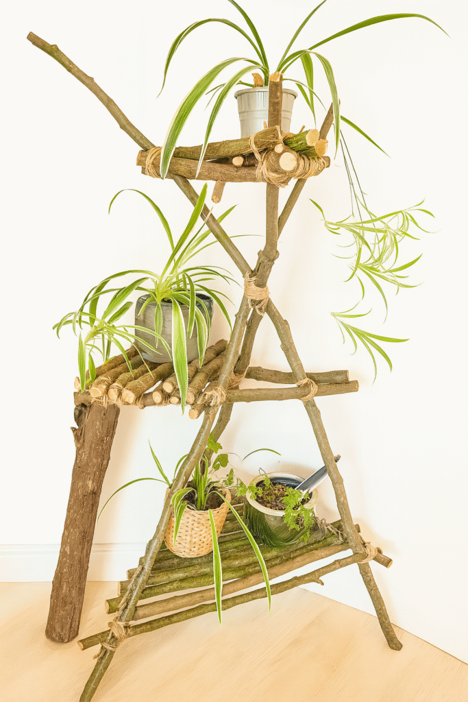 Build a plant stand out of natural materials like branches and string