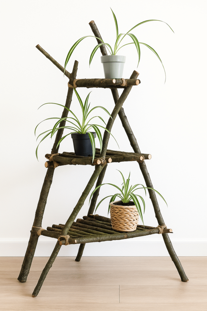 Build a plant stand using natural materials like branches and string