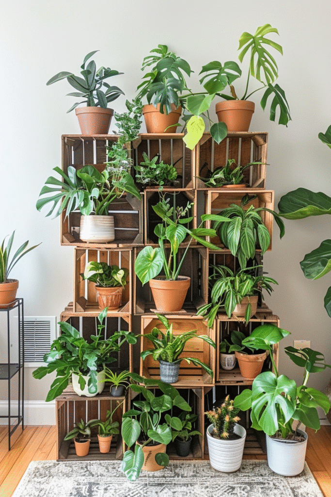 DIY indoor plant stand made from stacked vintage wooden crates, filled with leafy potted plants, styled in a cozy living room for indoor jungle vibes