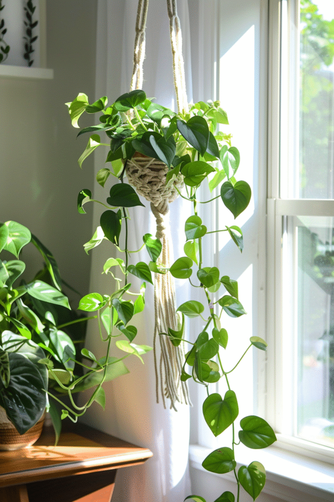 How to Make Pothos Fuller: Simple Tips for Lush, Bushy Growth 32 at Foliah Gorgeous golden Pothos plant in a macrame plant hanger