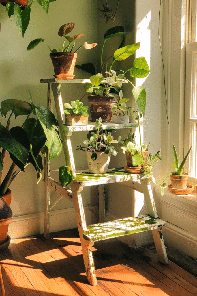 Shabby boho style repurposed step stool with house plants in front of window