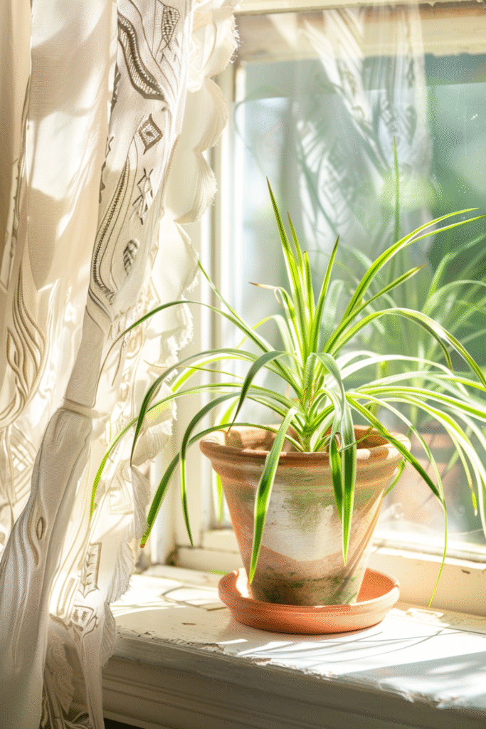 Small spider plant in rustic terracotta pot in front of window