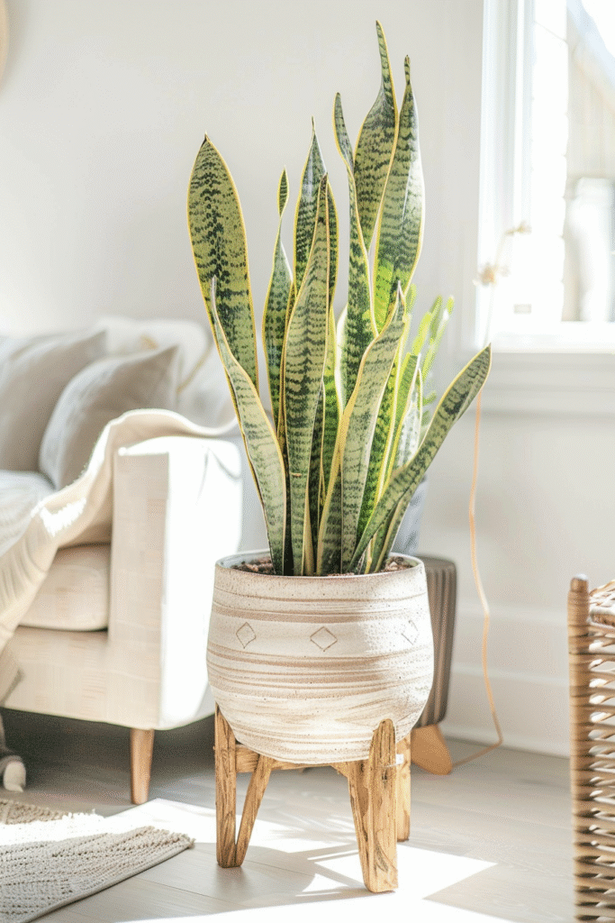 Snake plant in a ceramic plant pot on a wooden plant stand in the living room
