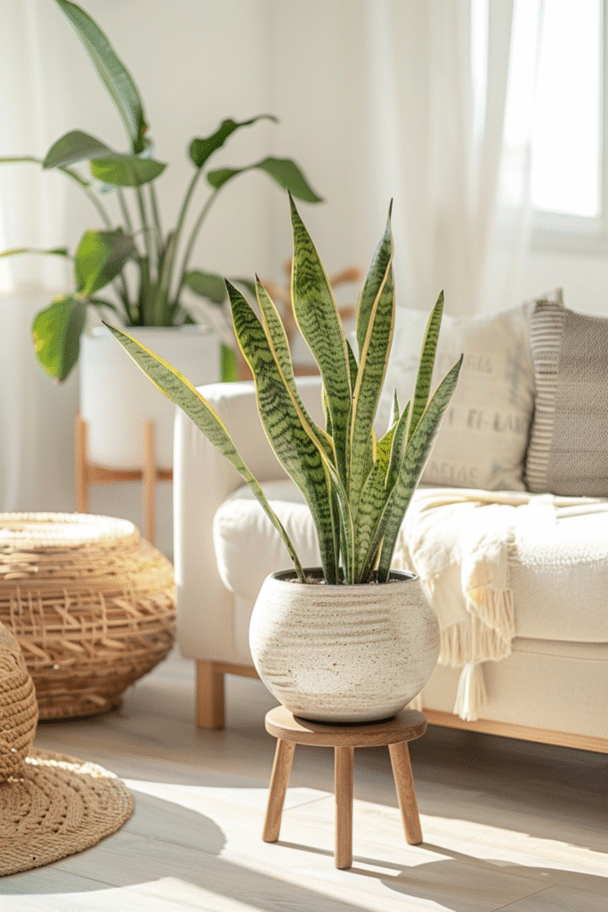 Snake plant in a light-filled modern boho living room (1)