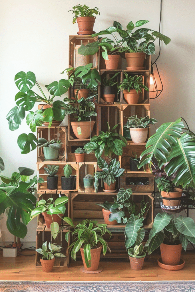 Stacked crate plant stand with lush monstera, alocasia, and other house plants