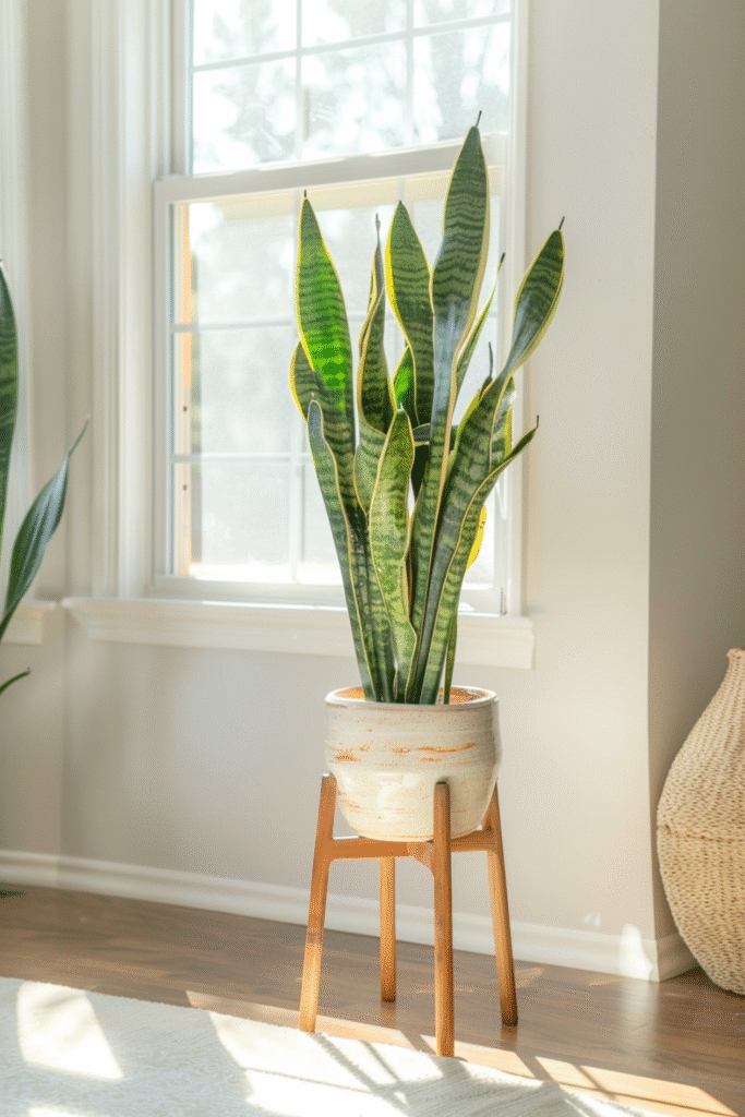 Tall indoor plant stand with big snake plant