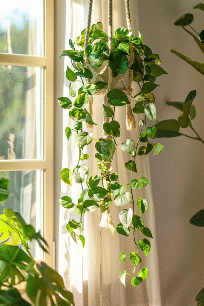 How to Make Pothos Fuller: Simple Tips for Lush, Bushy Growth 36 at Foliah golden pothos in a hanging macrame planter near a bright window, trailing vines cascading down (1)