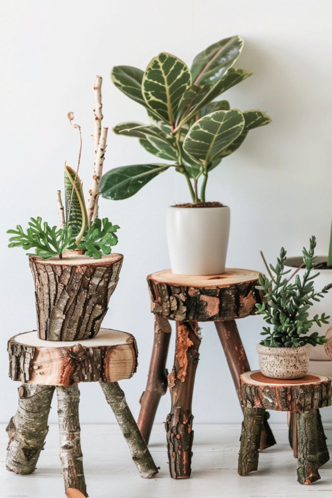 set of three rustic DIY wooden plant stands made from chunky log slices and sturdy natural branch legs, different heights for a tiered effect, natural cracks and bark textures, styled with indoor houseplants, cozy cottagecore setting