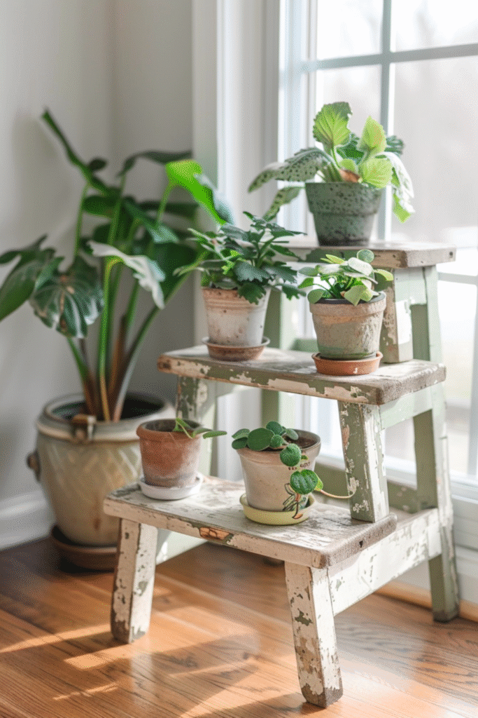 vintage wooden step stool repurposed as a rustic indoor plant stand, potted plants on each step