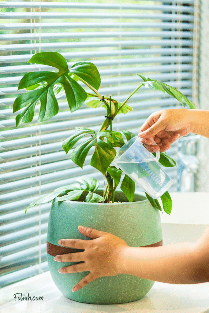 A person watering a Monstera plant in a decorative pot indoors, near a window with blinds