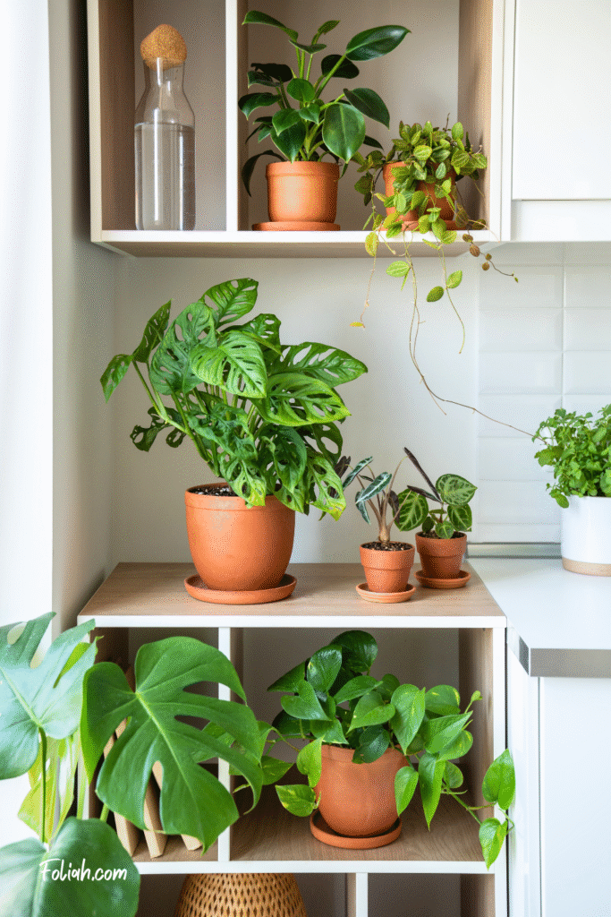 A cozy indoor shelf filled with potted houseplants in terracotta pots, including Monstera adansonii, Monstera deliciosa, Golden Pothos, Philodendron, Calathea, and trailing Peperomia. The plants are displayed neatly in a white and wood shelving unit in a bright kitchen corner. Lush green foliage and natural textures create a fresh, tropical vibe