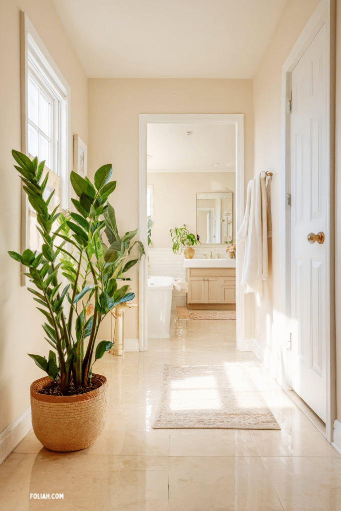Beautiful, bright bathroom with large ZZ (zamioculcas zamiifolia) houseplant in ceramic pot on the floor