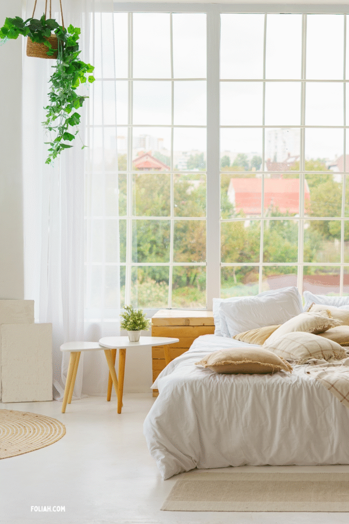 Bright and airy bedroom with a large window, white bedding, soft beige pillows, and a hanging ivy plant, creating a calm and cozy atmosphere.