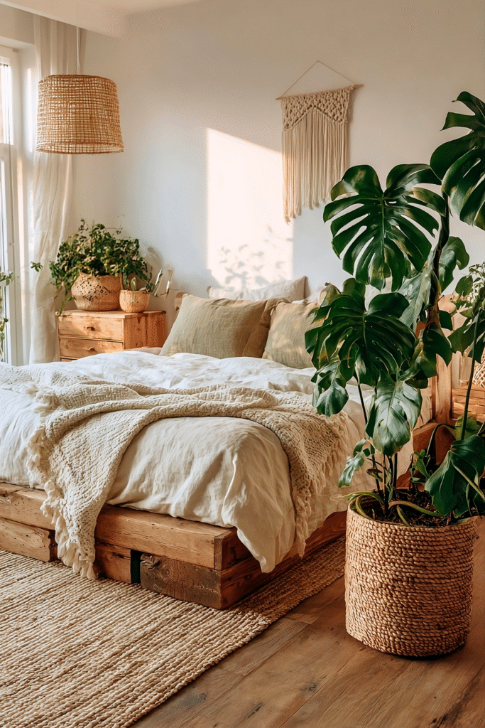 9 Best Indoor Plants for a Cozy Boho Bedroom 2 at Foliah Monstera deliciosa in woven basket beside bed, cozy boho bedroom with cream linen bedding and plants in bedroom.