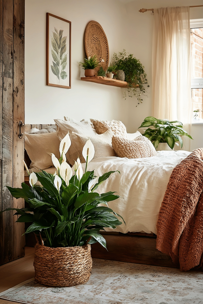 9 Best Indoor Plants for a Cozy Boho Bedroom 5 at Foliah Peace lily in woven basket beside bed with terracotta throw, cozy boho bedroom with best indoor plants and natural daylight.