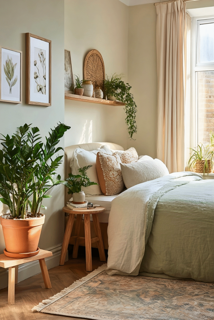 9 Best Indoor Plants for a Cozy Boho Bedroom 6 at Foliah ZZ plant in terracotta pot on wooden stool, cozy boho bedroom with sage green bedding and indoor plants styling