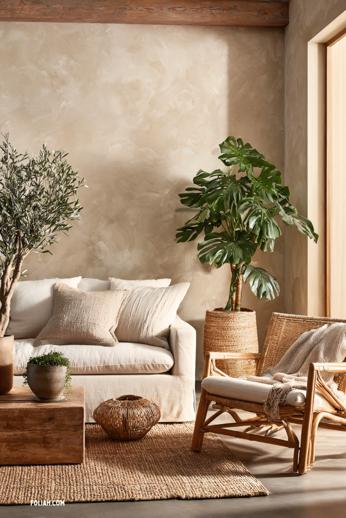 A cozy living room styled in an earthborn elegance theme, featuring a white linen sofa with textured neutral cushions, a rattan armchair, a woven rug, and natural wooden furniture. A tall monstera plant and an olive tree add greenery, while soft sunlight filters through the window, creating a warm and inviting atmosphere.