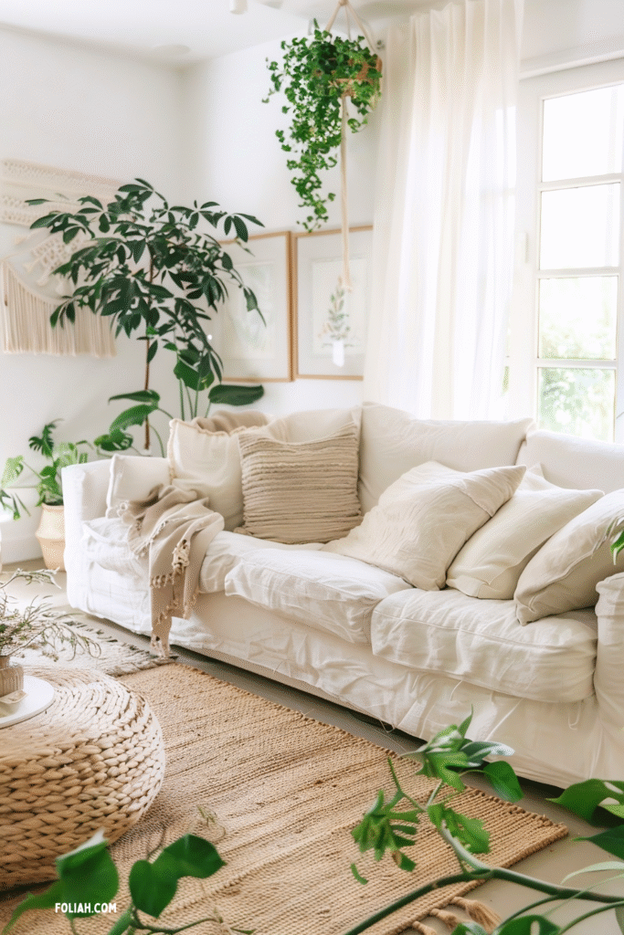 Airy, light-filled living room with a soft white linen sofa, layered neutral cushions, and a textured jute rug. Hanging and potted indoor plants add greenery, while natural light filters through sheer curtains. A round woven coffee table and botanical wall art create a calm, organic, modern-boho vibe.