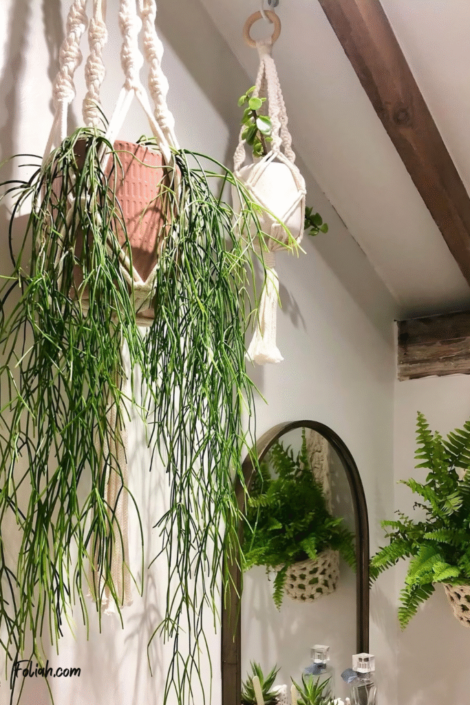 These Tiny Bathrooms Are Proof You Don’t Need a Lot of Room to Decorate with Plants 9 at Foliah Hanging rhipsalis and ferns in a vaulted ceiling bathroom with rustic wood beams and a mirror.