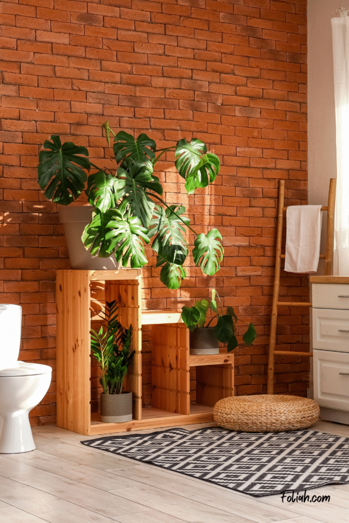Interior of bathroom with toilet bowl, shelf and Monstera houseplant