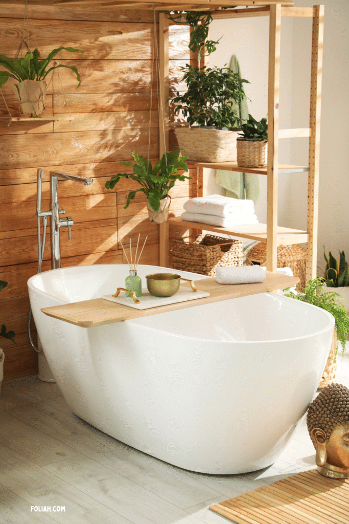 A stylish, modern bathroom with a freestanding white bathtub, a wooden bath tray holding a green vase and bowl, and a backdrop of warm wooden wall panels. Green houseplants in woven baskets and hanging planters add a natural touch, with soft natural light filtering into the space. Neutral tones and minimal decor create a calm, spa-like atmosphere.