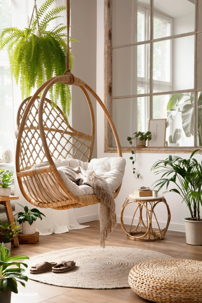 Bright Earthborn Elegance living room with a hanging rattan chair, layered cushions, soft jute rugs, and houseplants arranged at different heights for a calm, earthy vibe.