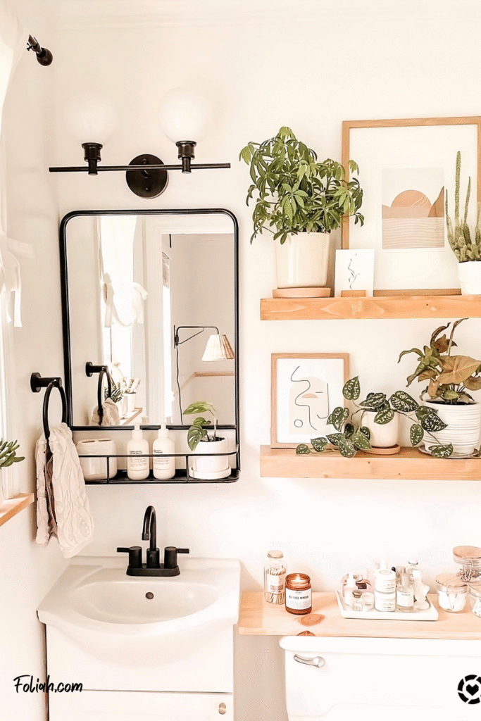 These Tiny Bathrooms Are Proof You Don’t Need a Lot of Room to Decorate with Plants 3 at Foliah Tiny white bathroom with black tapware and wood accents, decorated with potted houseplants including satin pothos, Schefflera, cactus, and succulents on floating shelves, windowsill, and mirror shelf.