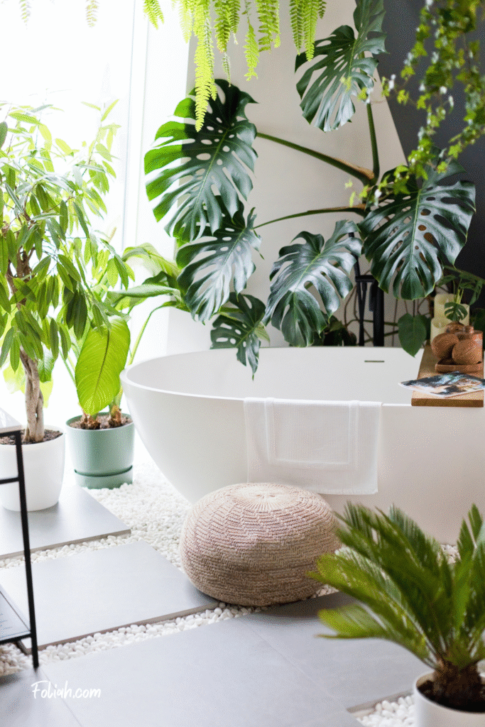 White bathroom with bathtub, green plants, wooden and wicker boho details