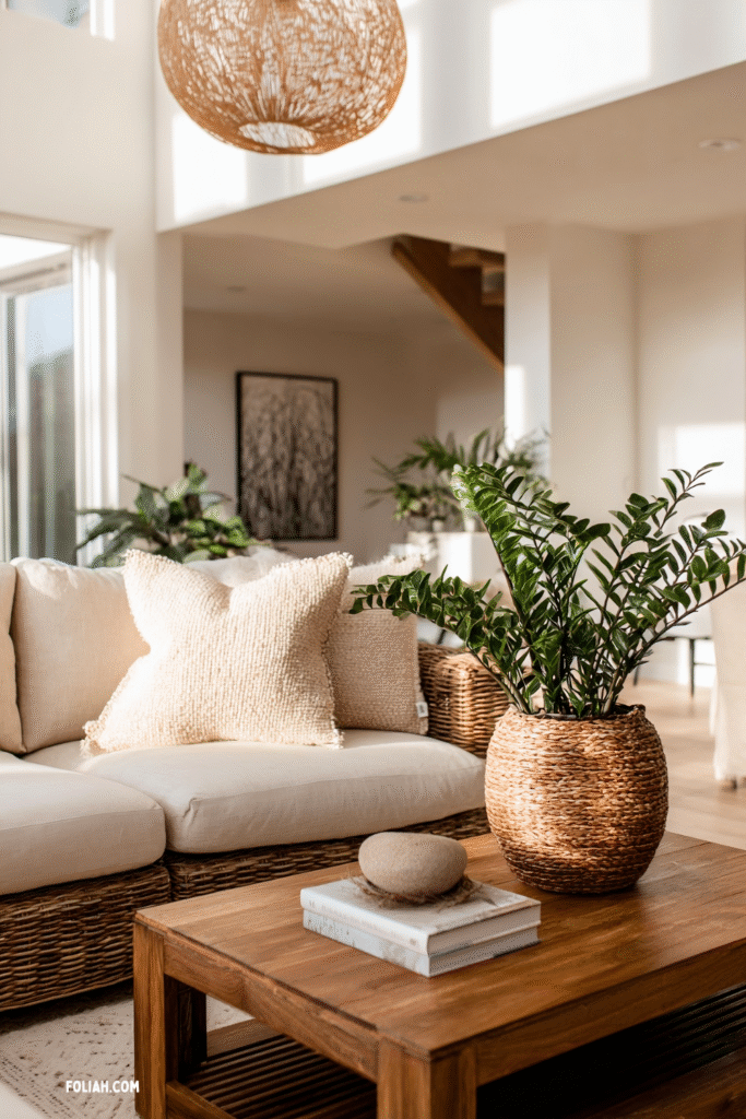 Bright and airy living room with a cozy neutral aesthetic, featuring a large ZZ plant in a woven cane planter on a wooden coffee table, a textured beige sofa with soft throw pillows, and warm natural light streaming through the windows.
