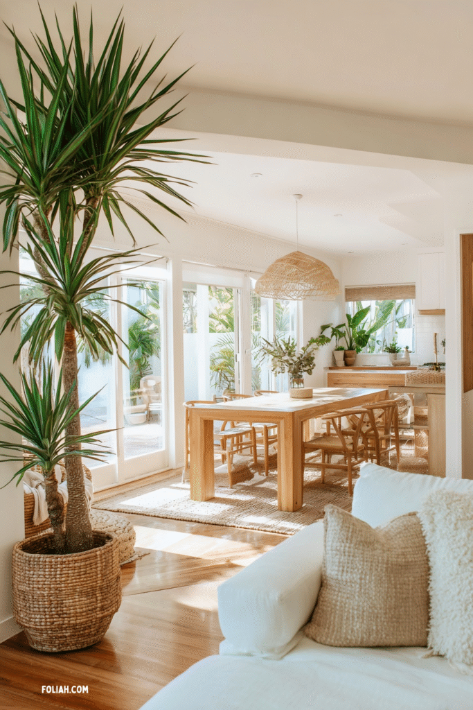boho-style open-plan living room, bright and airy with lots of natural daylight, large windows, large Yucca houseplant in rattan pot on the floor near dining table
