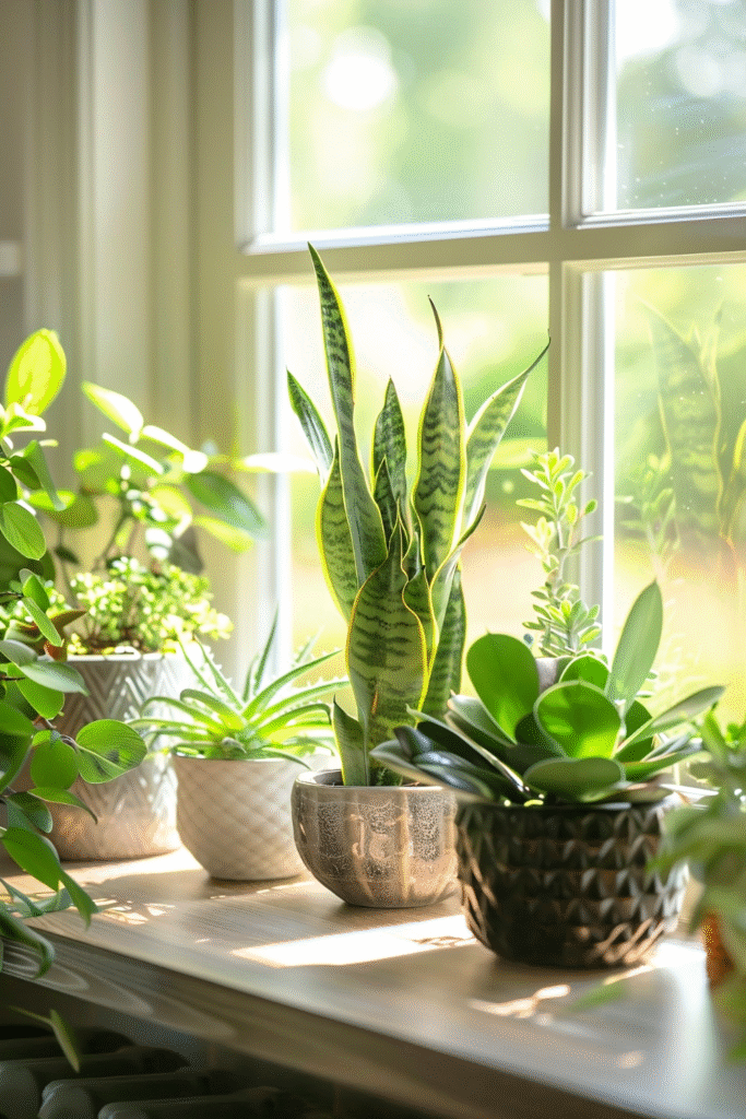 bright, modern windowsill styled with five indoor plants arranged in clear layers by distance from the window with snake plant in the middle, trailing hanging plants, and succulents
