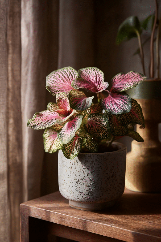 Colorful Fittonia nerve plant with pink veins in a ceramic pot, styled in a cozy low light room as part of indoor plants decor