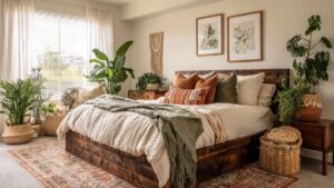 Cozy boho bedroom with wooden bed, layered linen bedding, earthy cushions, and a variety of indoor plants including monstera, palm, and trailing greenery