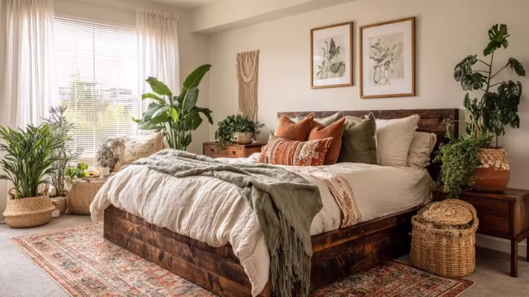 Cozy boho bedroom with wooden bed, layered linen bedding, earthy cushions, and a variety of indoor plants including monstera, palm, and trailing greenery