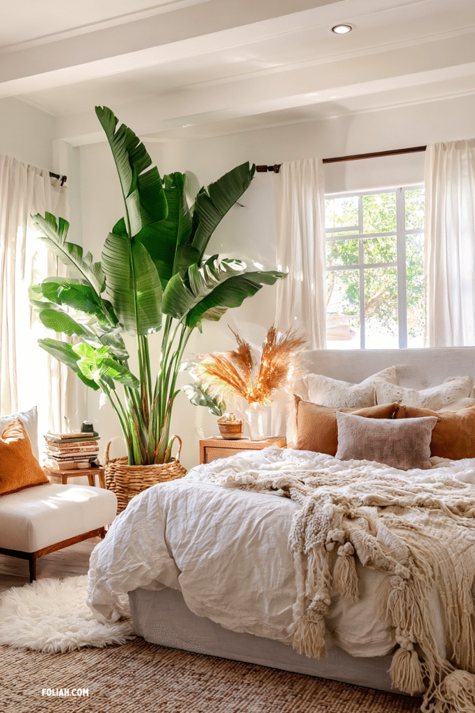 cozy boho bedroom, large Bird of Paradise (Strelitzia) houseplant, indoor plant decor