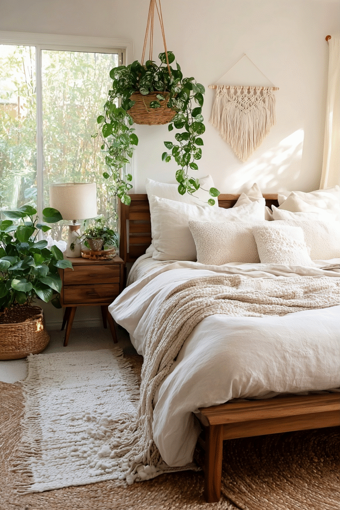 9 Best Indoor Plants for a Cozy Boho Bedroom 3 at Foliah Marble Queen pothos trailing from woven hanging basket, cozy boho bedroom with cream bedding and indoor plants styling.