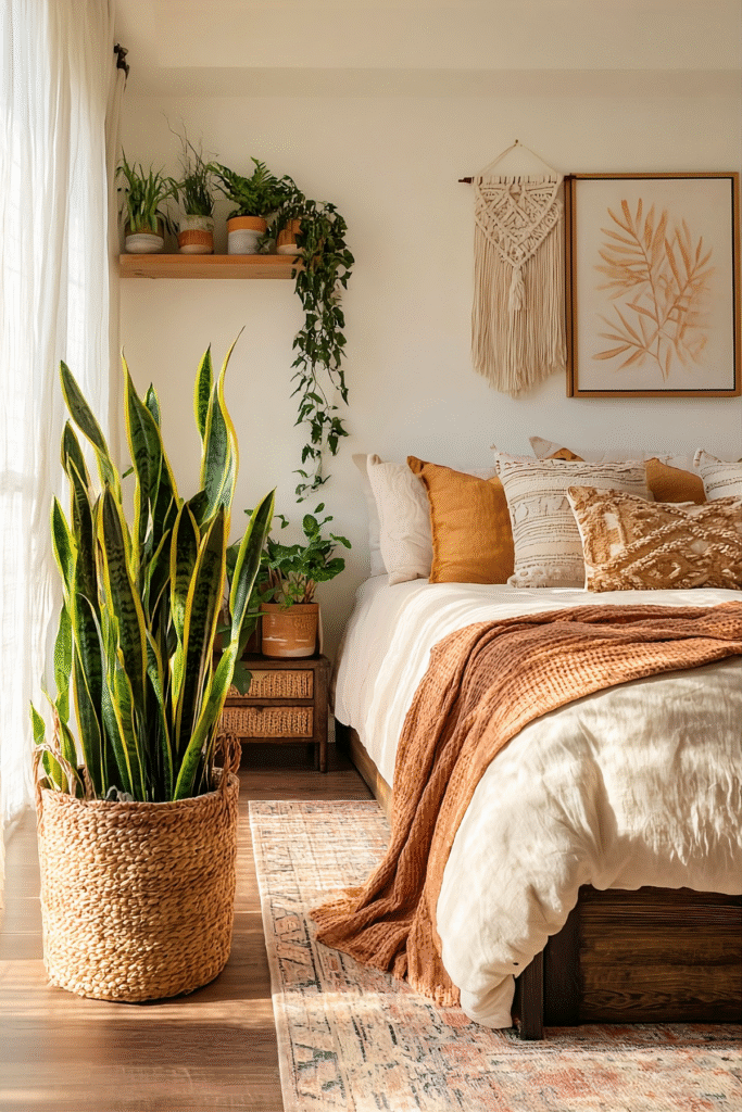 cozy boho bedroom snake plant woven basket terracotta throw houseplants decor