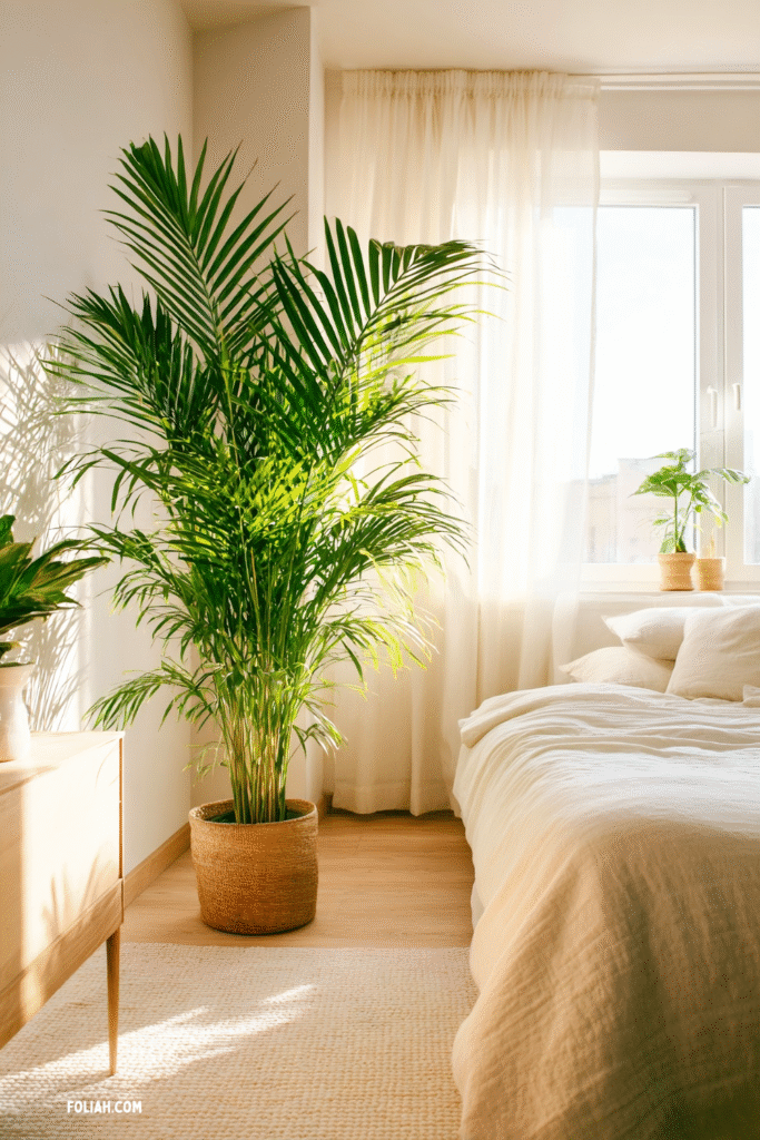cozy, bright Scandinavian-style bedroom, large Areca Palm (Dypsis lutescens) houseplant in a pot near a sunlit window