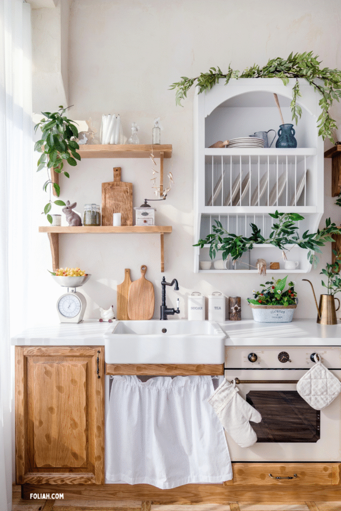 13 Gorgeous Kitchen Plant Styling Ideas You’ll Want to Copy 9 at Foliah Bright kitchen with wooden cabinets, white countertop, farmhouse sink, open shelves, potted plants, hanging greenery, and kitchen accessories.