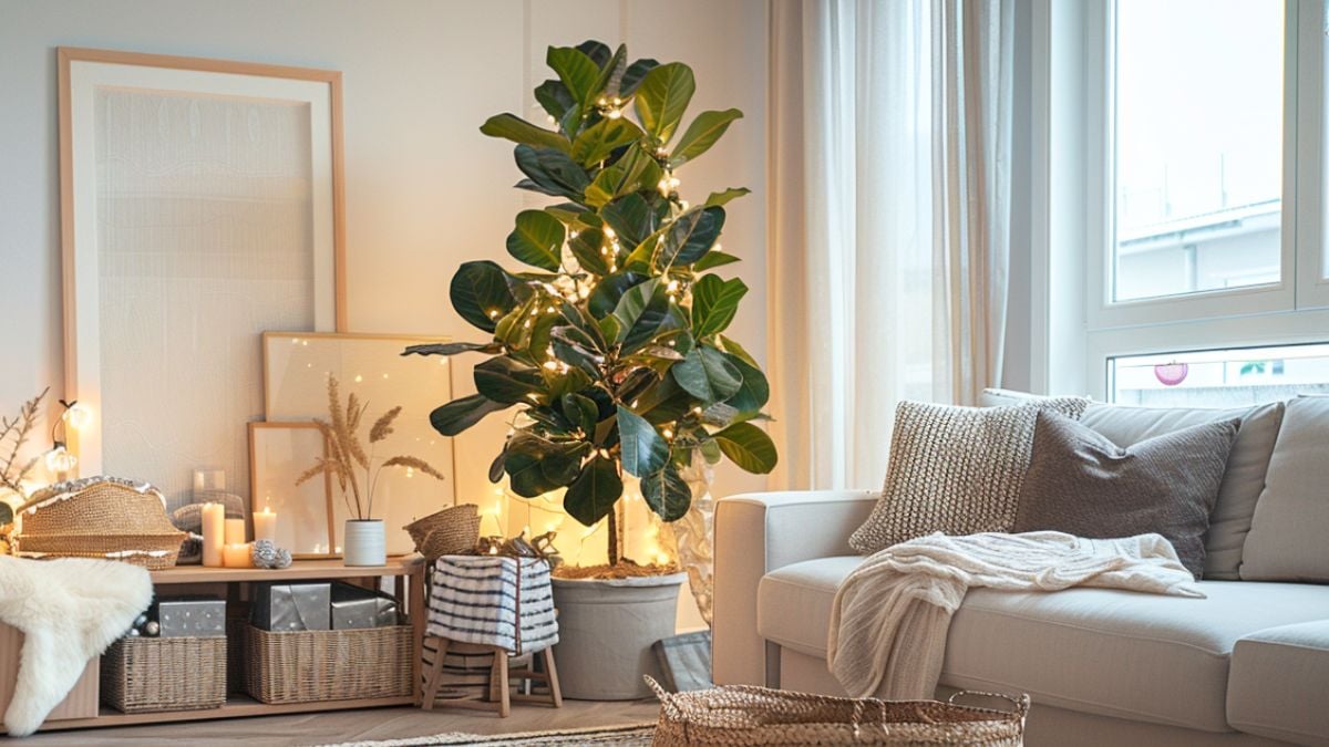 cozy modern lounge decorated for Christmas with large indoor houseplants styled as alternative Christmas tree (fiddle leaf fig), decorated with warm fairy lights