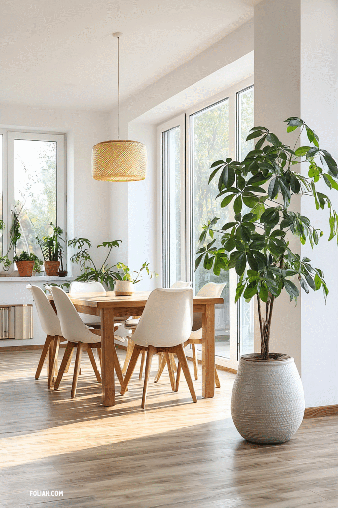 cozy modern open-plan dining room, bright and airy with lots of natural daylight, large windows, large Schefflera (Umbrella Plant) houseplant in ceramic pot on the floor near dining table