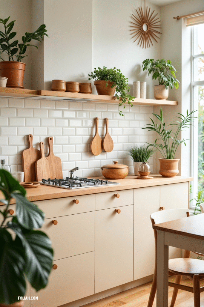 A warm, modern Earthborn Elegance kitchen with natural wood tones, open shelving, and potted houseplants adding fresh greenery to the space.