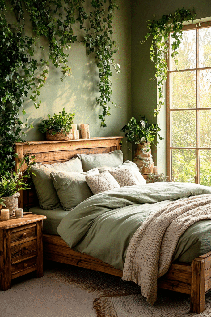 Want a Forestcore Bedroom? Start With These Dreamy Indoor Plants 6 at Foliah Bright forestcore bedroom with smooth moss green bedding, rustic wooden bed, and trailing English ivy with small pointed leaves framing the wooden headboard, styled with warm wood furniture, earthy green wall, and vintage decor accents in natural daylight.