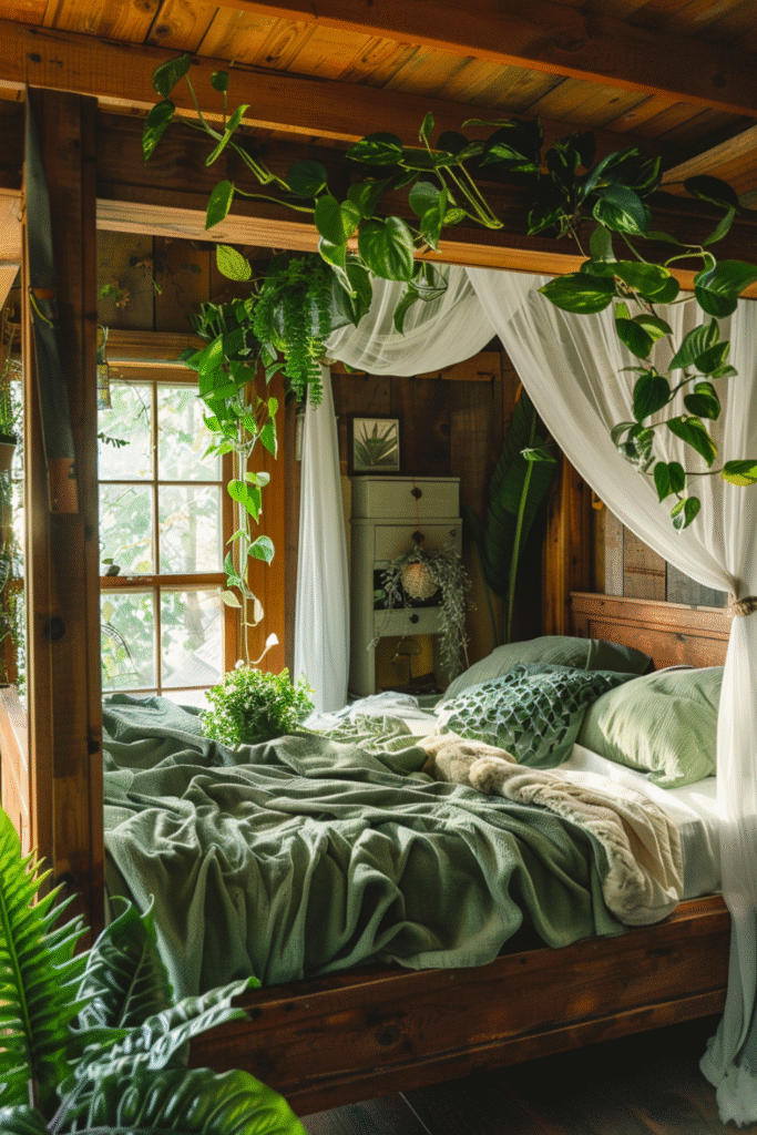 Want a Forestcore Bedroom? Start With These Dreamy Indoor Plants 3 at Foliah Forestcore bedroom with moss green bedding, leafy canopy bed, and heartleaf philodendron trailing from a rustic wooden shelf, framed by ivy, moss bowls, and ferns in a cozy green and brown bedroom aesthetic.