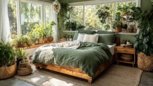 Bright forestcore bedroom with large windows streaming natural light, rustic wooden bed with moss green linen bedding, and a variety of lush indoor plants including ferns, monstera, pothos, and philodendron in woven baskets and ceramic pots, styled with warm wood furniture and natural textures.