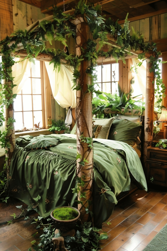 Want a Forestcore Bedroom? Start With These Dreamy Indoor Plants 2 at Foliah Full forestcore bedroom with moss green sheets, sheer canopy curtains, and a maidenhair fern in a vintage ceramic pot on a nightstand, surrounded by trailing ivy, moss bowls, and warm woodland light.