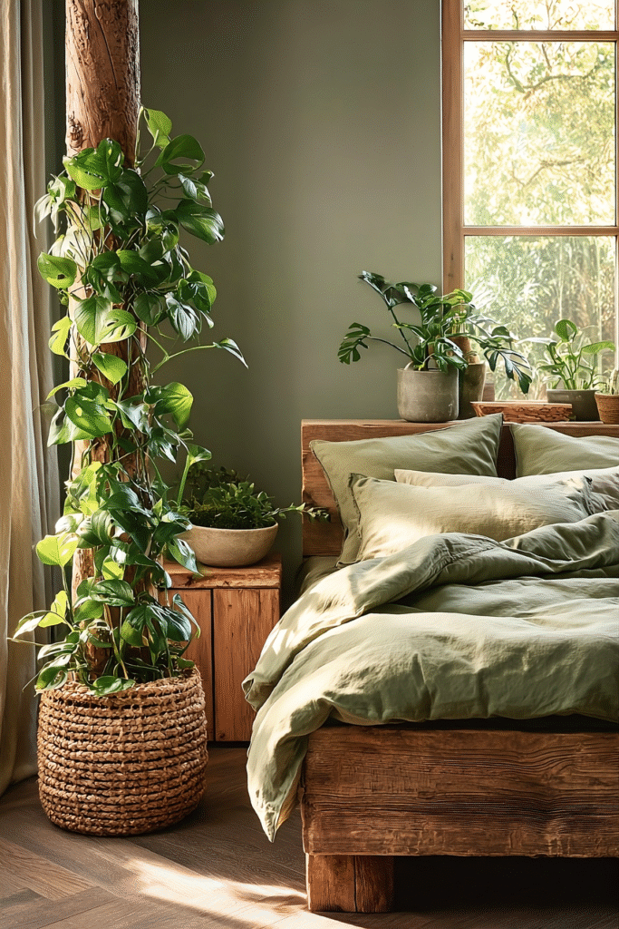 Want a Forestcore Bedroom? Start With These Dreamy Indoor Plants 8 at Foliah Forestcore bedroom corner with rustic wooden bed and moss green bedding, large mini Monstera (Rhaphidophora tetrasperma) climbing a moss pole in a woven basket beside a wooden nightstand, potted plants on the headboard, and soft natural light streaming through a window.