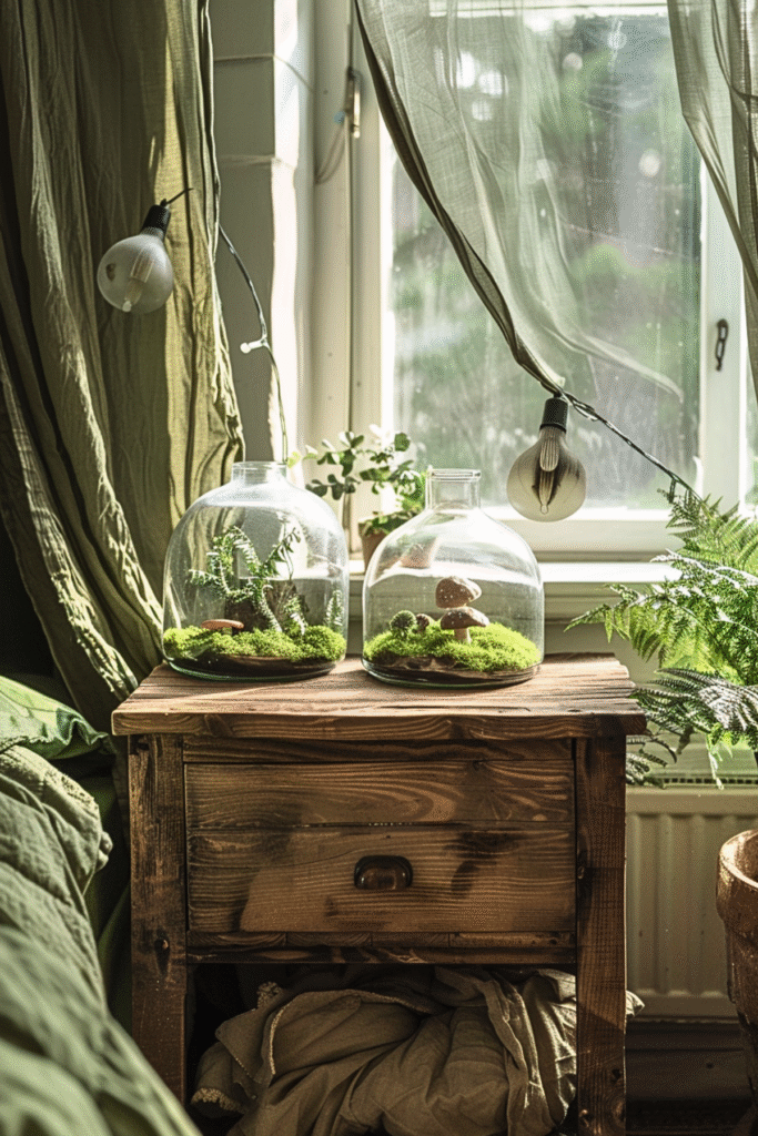 Want a Forestcore Bedroom? Start With These Dreamy Indoor Plants 4 at Foliah Cozy forestcore bedroom with moss green bedding, sheer canopy curtains, and a rustic dresser decorated with glass terrariums, surrounded by ferns, and woodland textures for a dreamy room aesthetic.