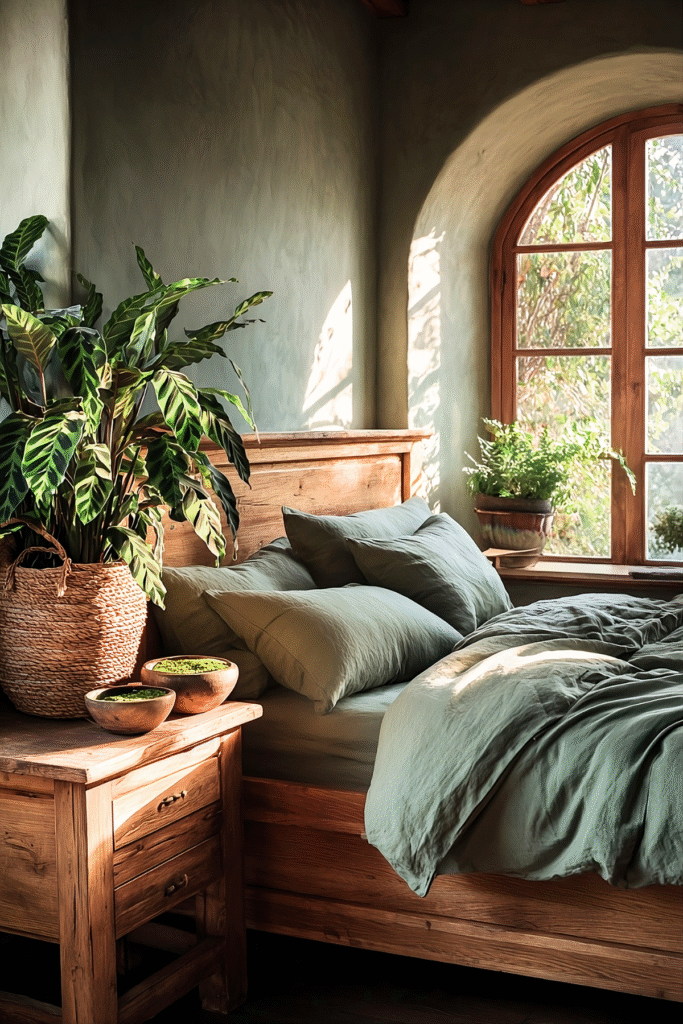 Want a Forestcore Bedroom? Start With These Dreamy Indoor Plants 7 at Foliah Forestcore bedroom with moss green bedding, leafy canopy bed, and rattlesnake plant in a terracotta pot on a wooden stool, accented with moss bowls, ivy, and ferns for a witchy cottagecore bedroom style.